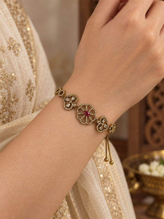 South Indian Gold Plated Red AD Adjustable Bracelet for Women
