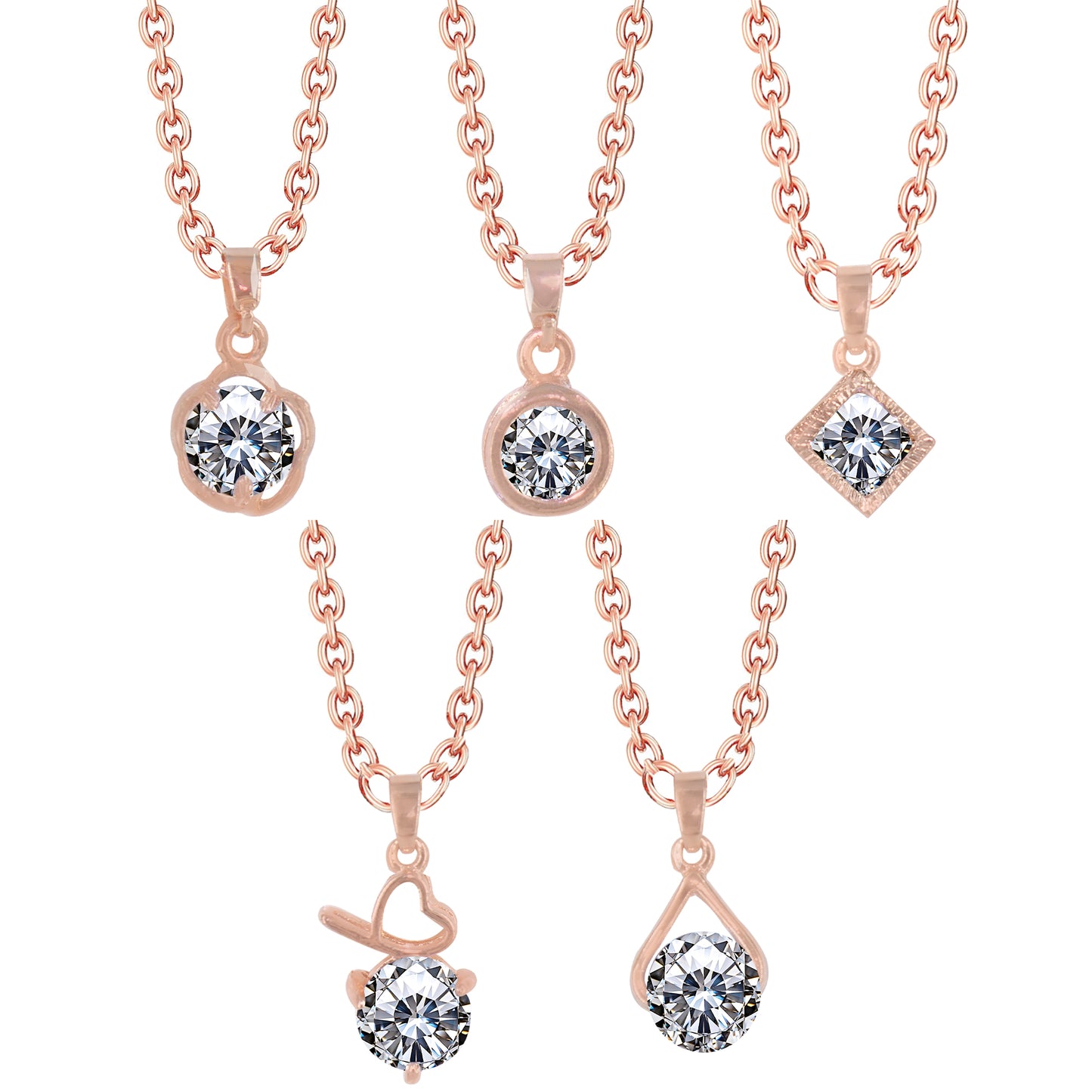 PRIVIU Rose Gold Plated Crystal Charm Pendant Chains Set for Girls (Pack of 5)