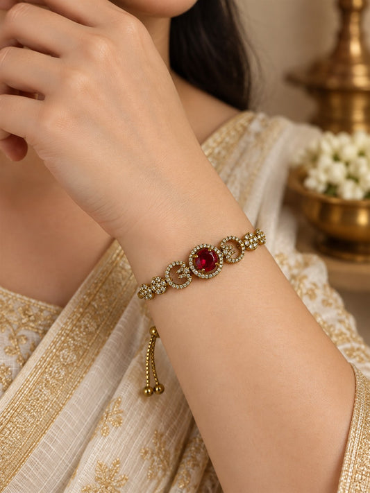 South Indian Gold Plated Red AD Adjustable Bracelet for Women