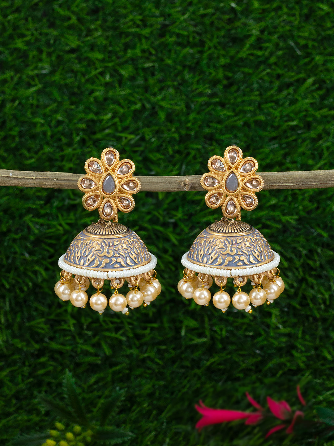 Gold-Plated Gray Classic Jhumkas Earrings