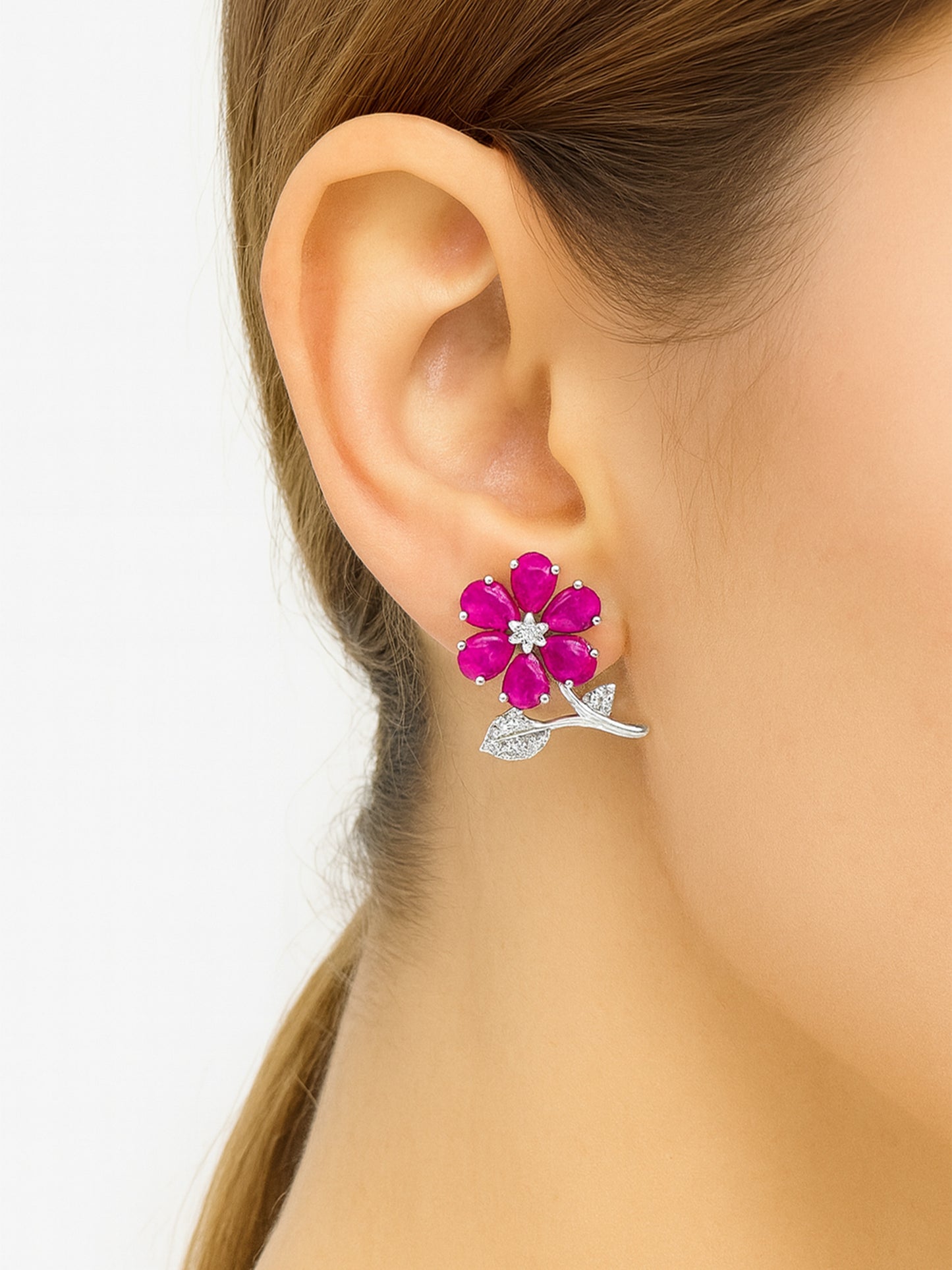 Silver Plated Ruby AD Floral Stud Earrings for Women