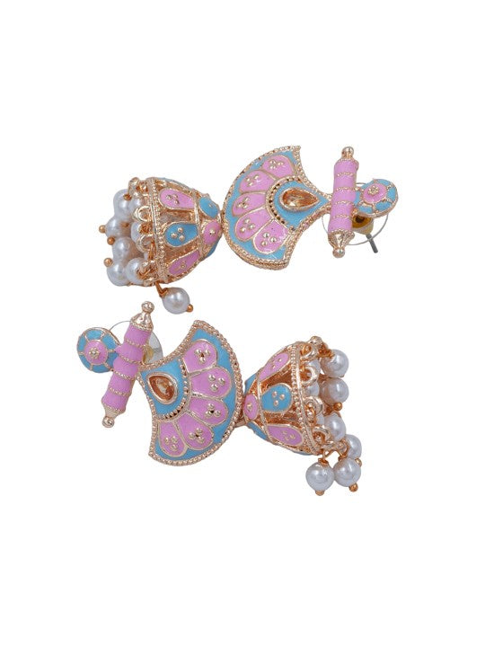 Pink Crescent Shaped Beaded Jhumka Earrings
