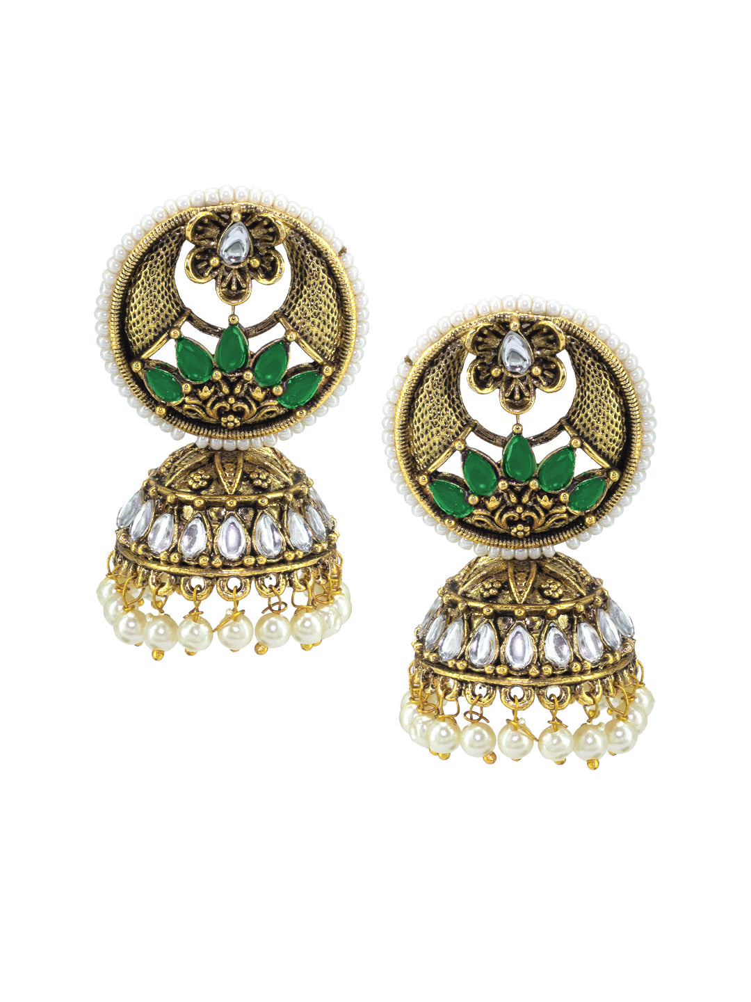 Gold-Toned Dome Shaped Kundan Studded Jhumkas