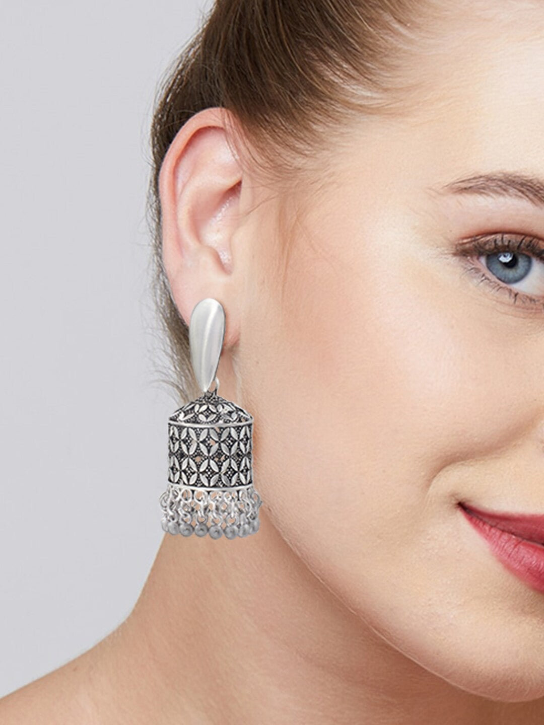Silver Plated Dome Shaped Oxidised Jhumkas