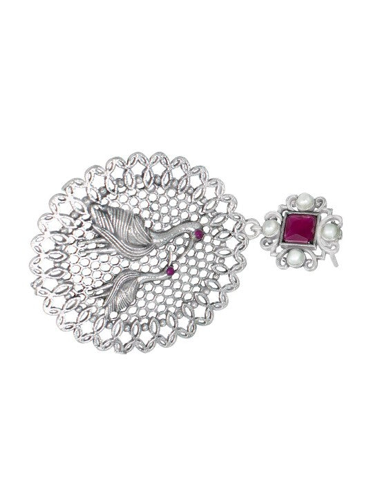 Silver Oxidised Heron Bird Shaped & Artificial Stones Studded Drop Earrings