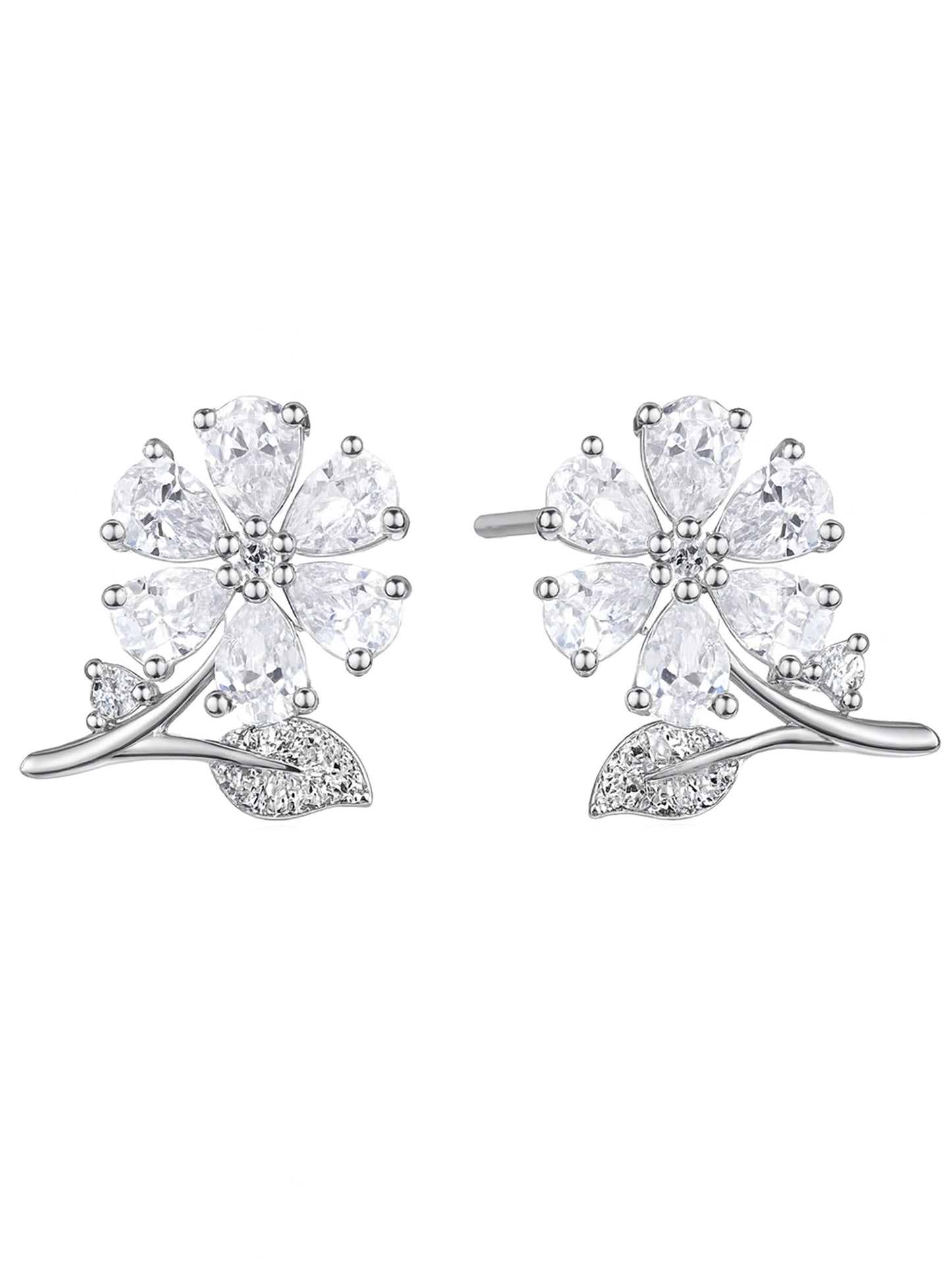 Silver Plated AD Floral Stud Earrings for Women