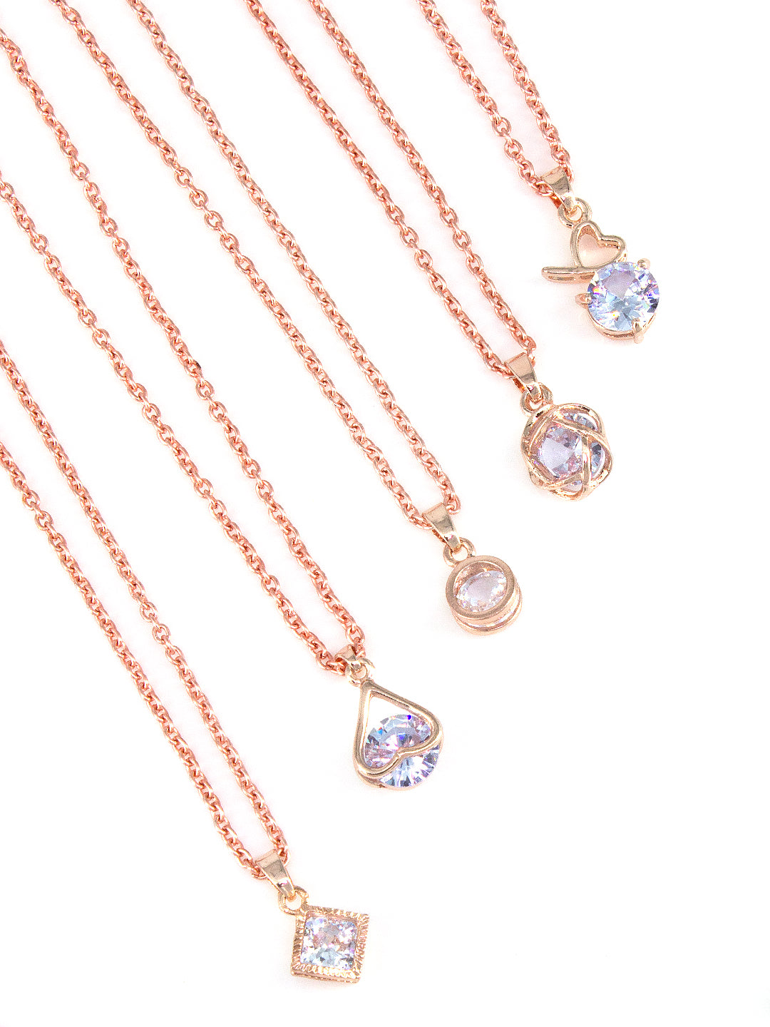 PRIVIU Rose Gold Plated Crystal Charm Pendant Chains Set for Girls (Pack of 5)