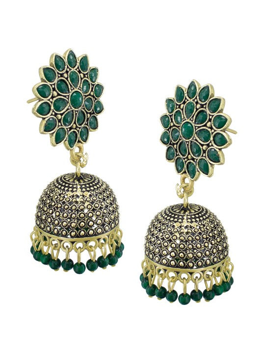 Gold Plated Green Artificial Stones Studded Jhumka Earrings