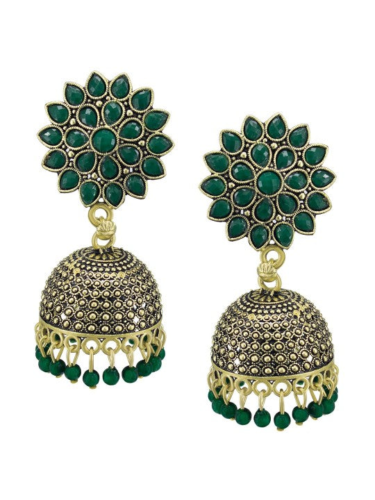 Gold Plated Green Artificial Stones Studded Jhumka Earrings