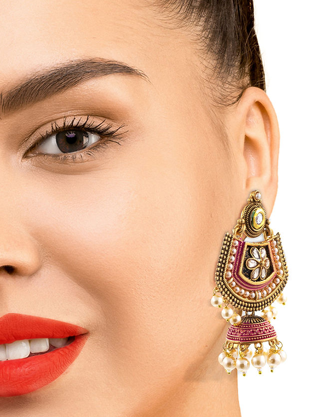 Gold Plated Pink Floral Jhumka Earrings