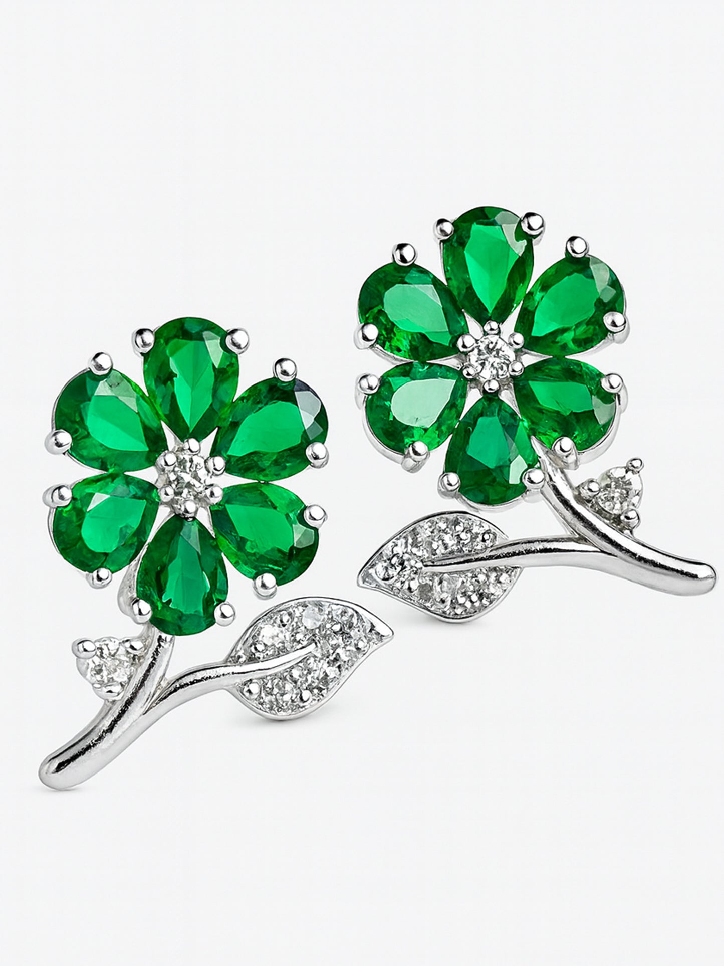 Silver Plated Green AD Floral Stud Earrings for Women