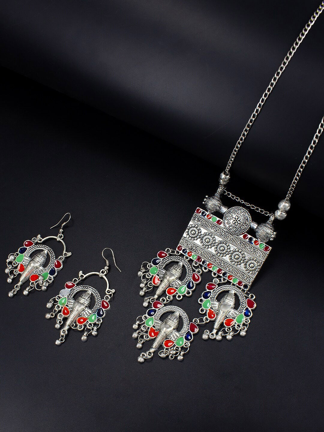 Silver-Plated Stone-Studded Necklace Earrings