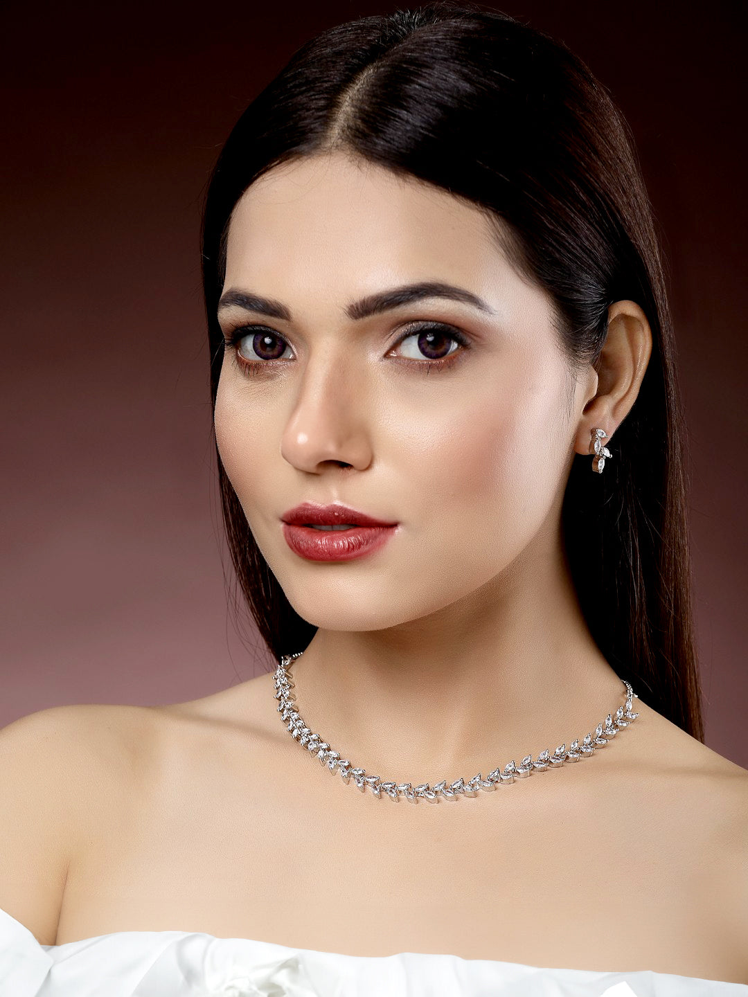 Silver-Plated Leaf American Diamond-Studded Jewellery Set