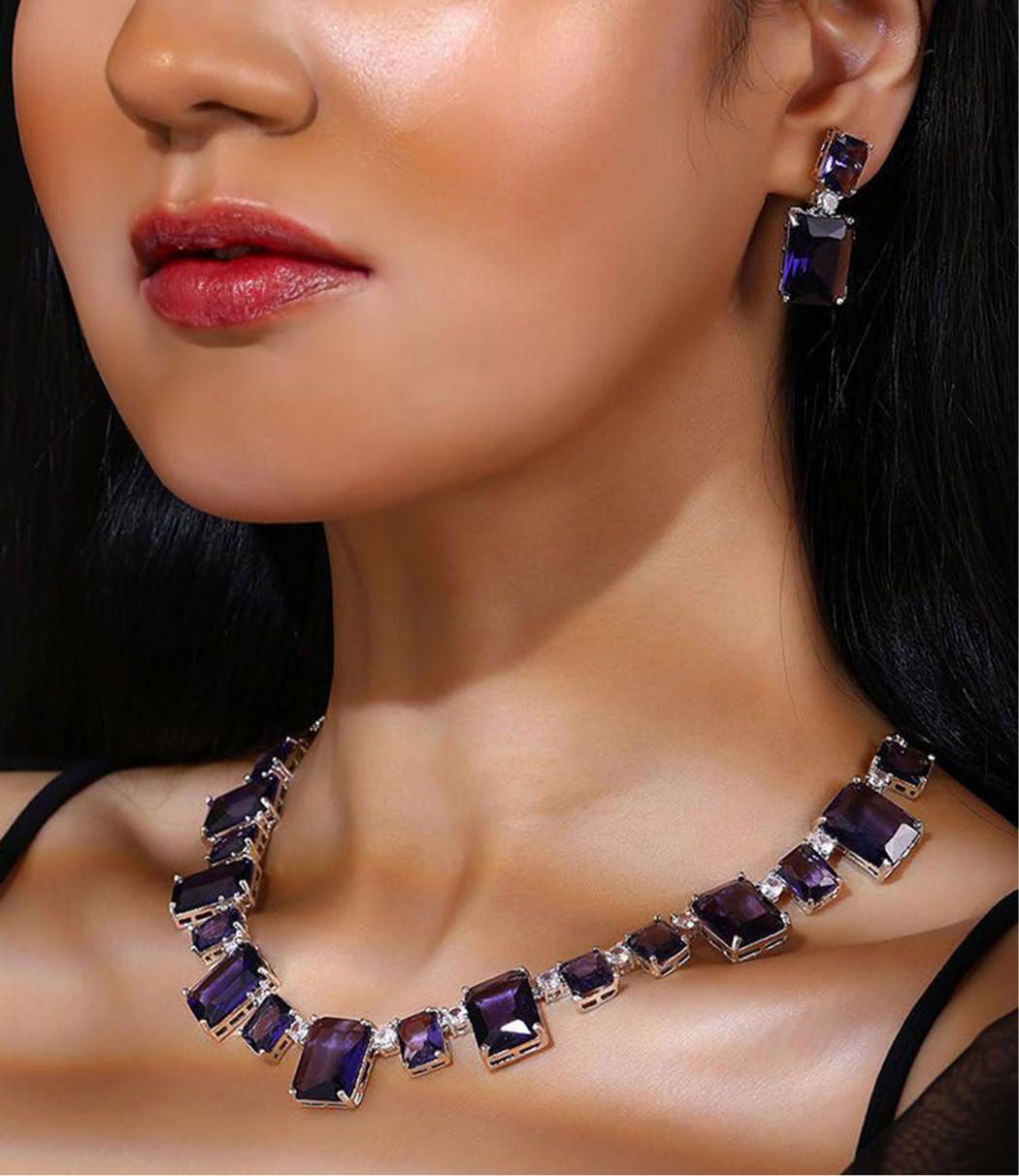 Purple Square Trendy American Diamond Jewellery Set
