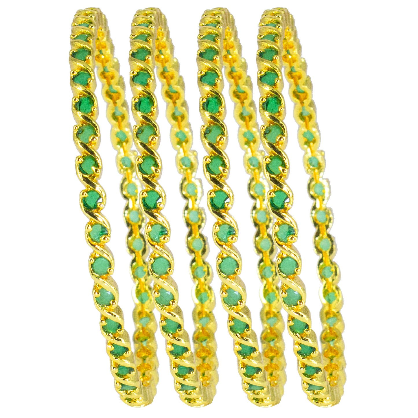 Set Of 4 Gold-Plated Green American Diamond Studded Bangles