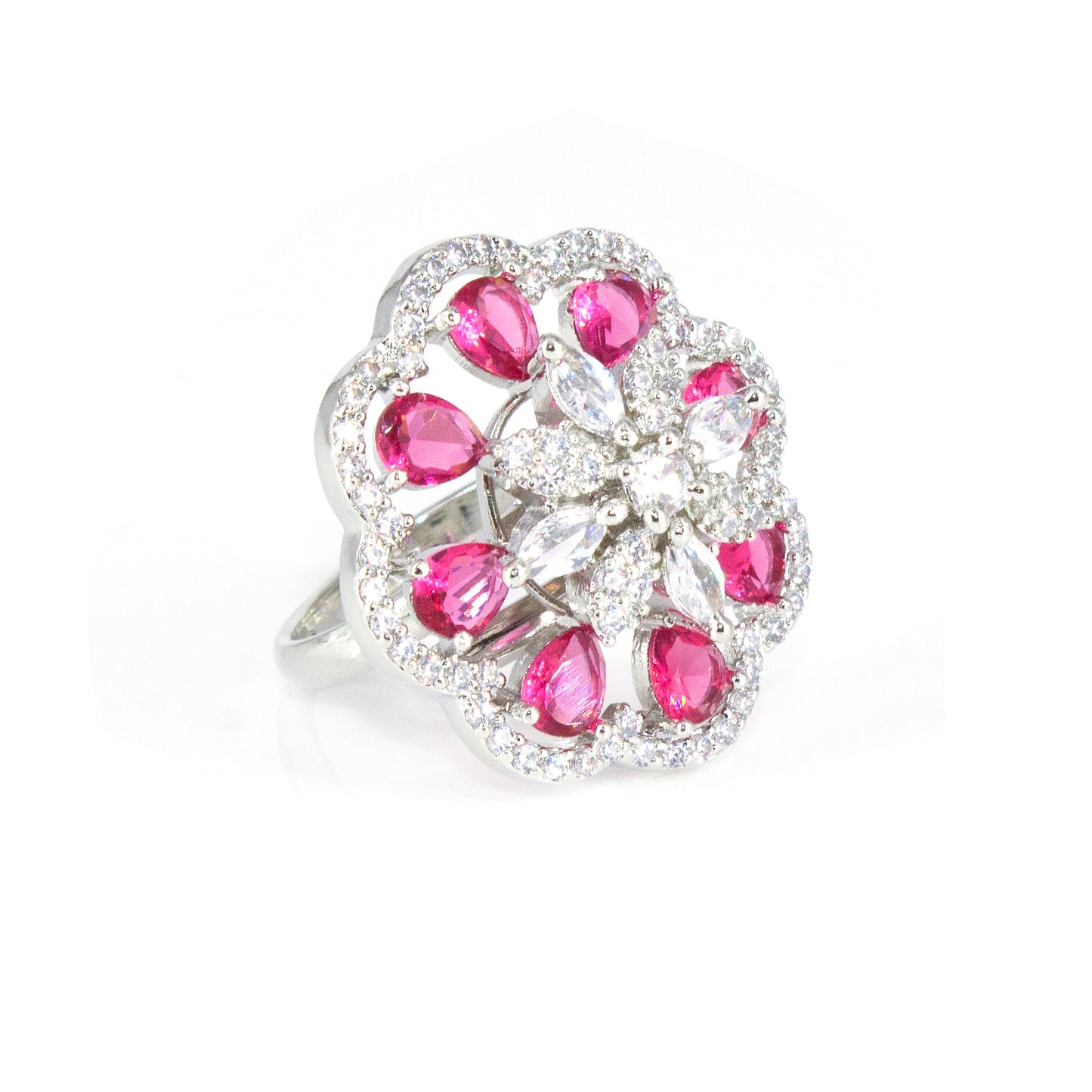 Silver Plated Red Floral AD Adjustable Ring For Women