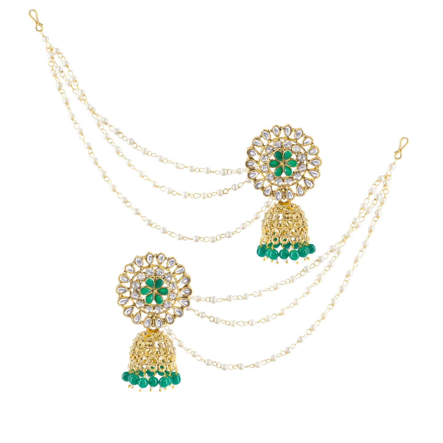 Green Floral Jhumka Earrings With Chain