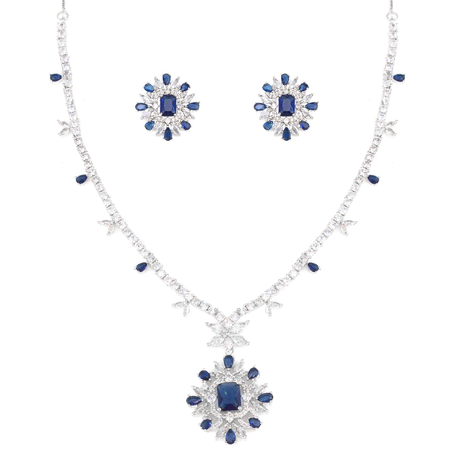 Silver Plated Blue Floral AD Jewellery Set