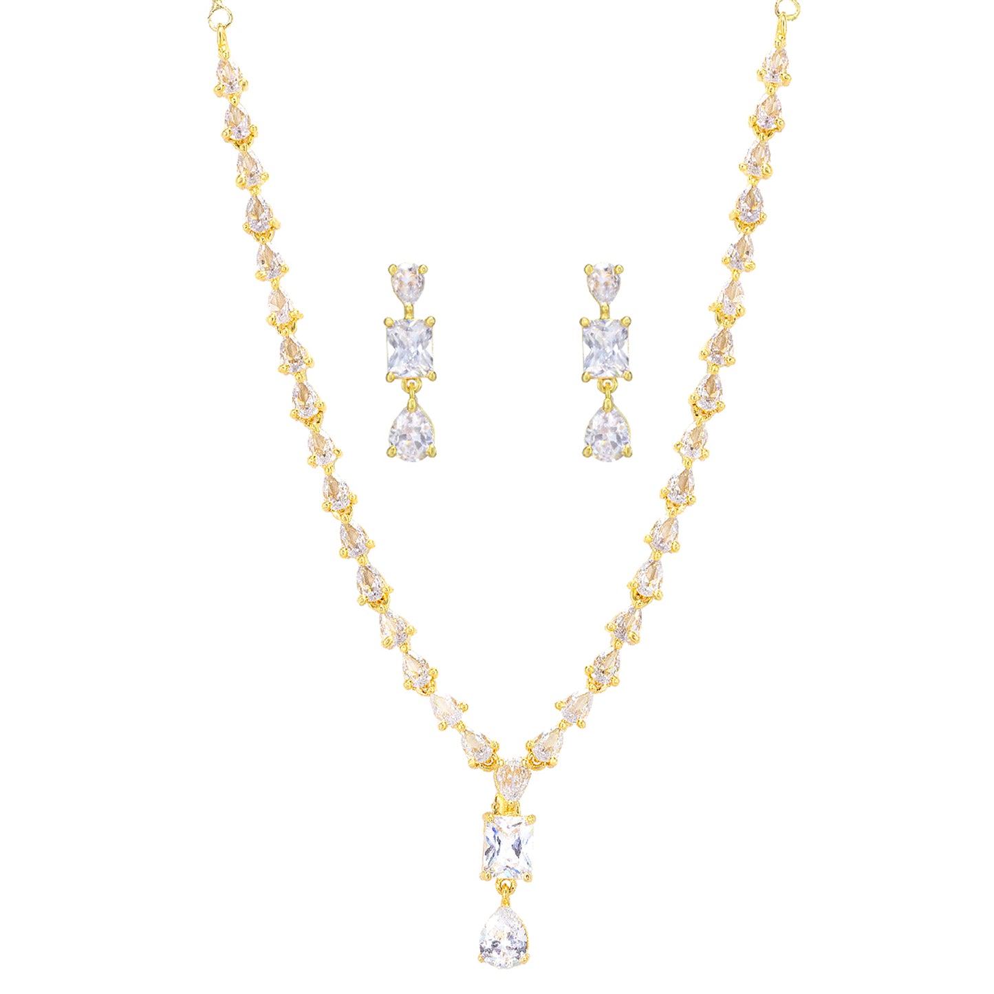 Gold Plated Teardrop Shaped American Diamond Studded Jewellery Set