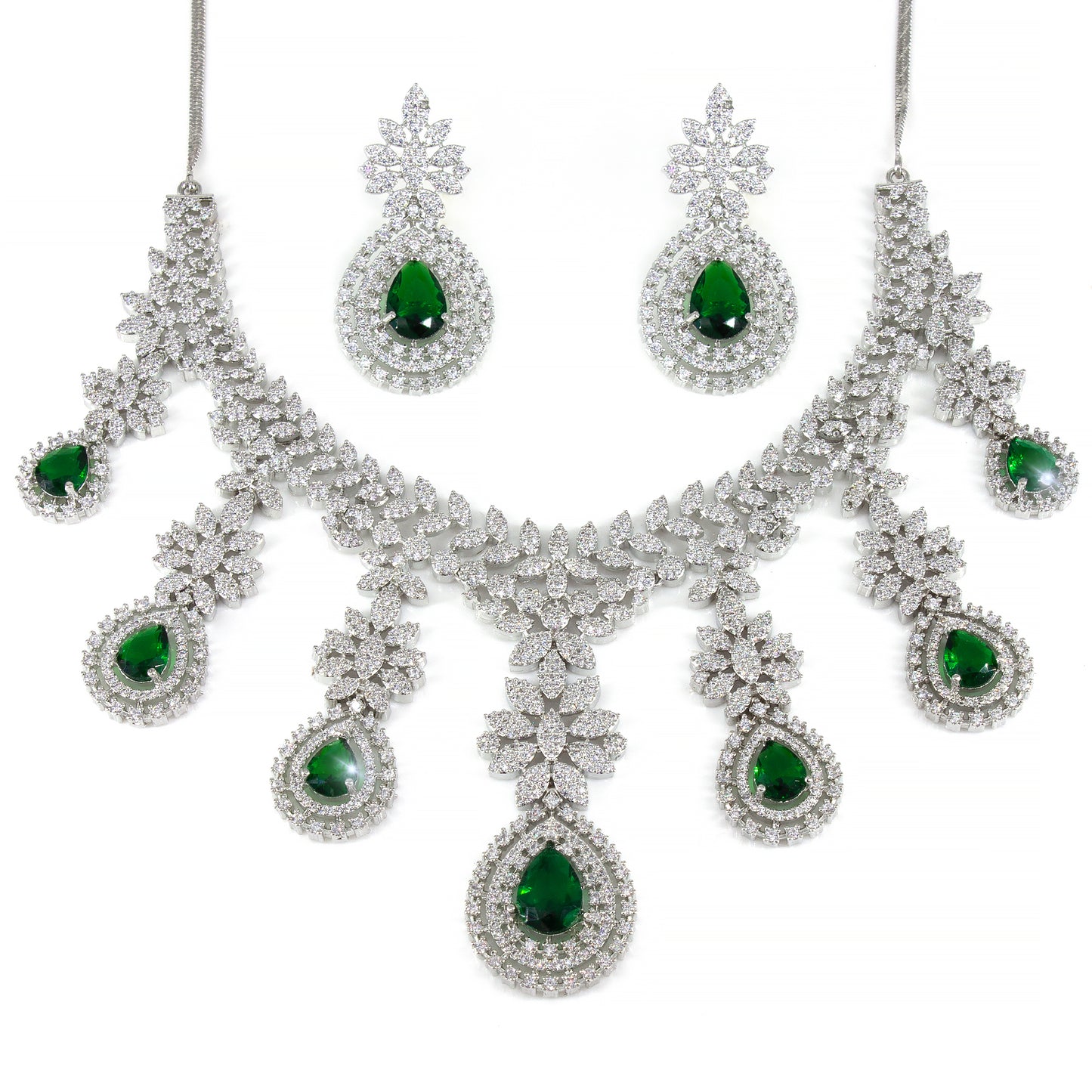 Rhodium-Plated Green Statement AD-Studded Bridal Jewellery Set