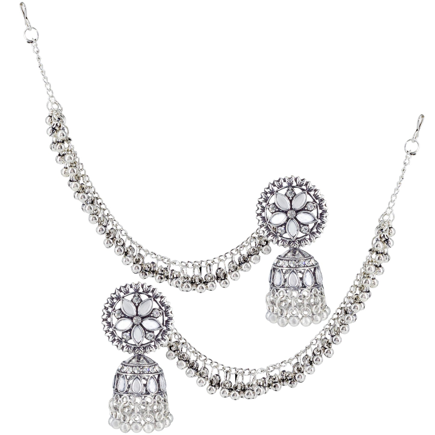 Silver-Oxidised Floral Mirror-Studded Jhumka Earrings With Hair Chain
