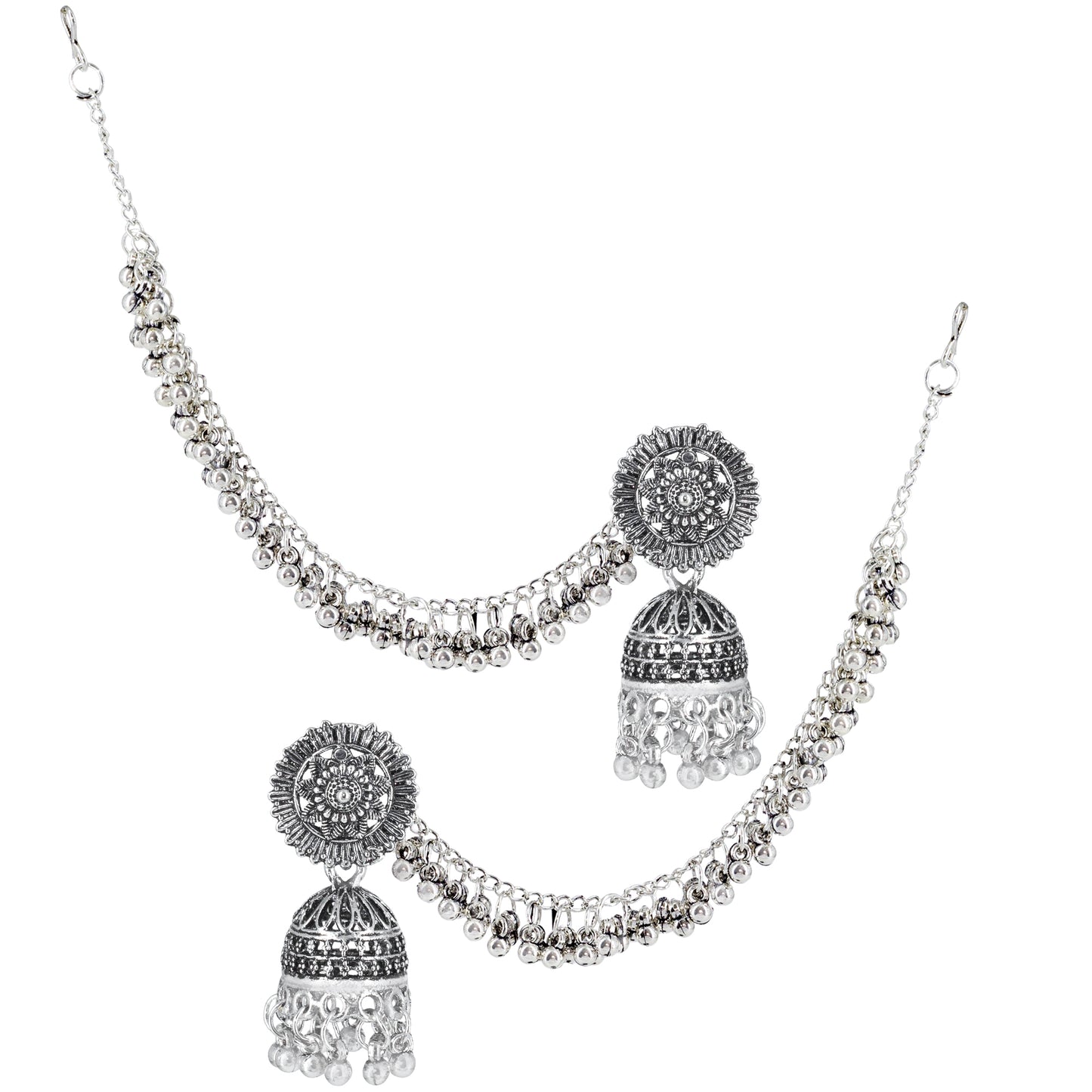 Silver-Oxidised Floral Jhumka Earrings With Hair Chain