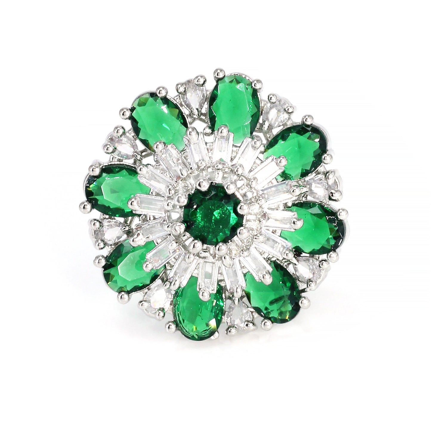 Floral Green American Diamond Adjustable Cocktail Finger Ring