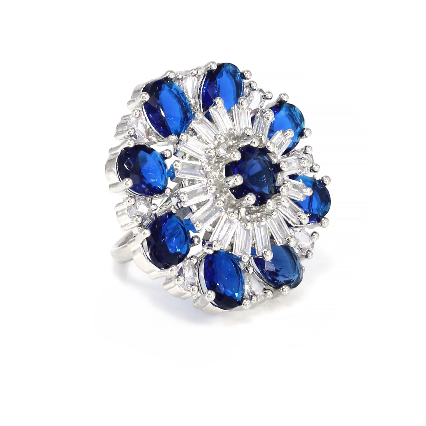 Floral Blue American Diamond Adjustable Cocktail Finger Ring