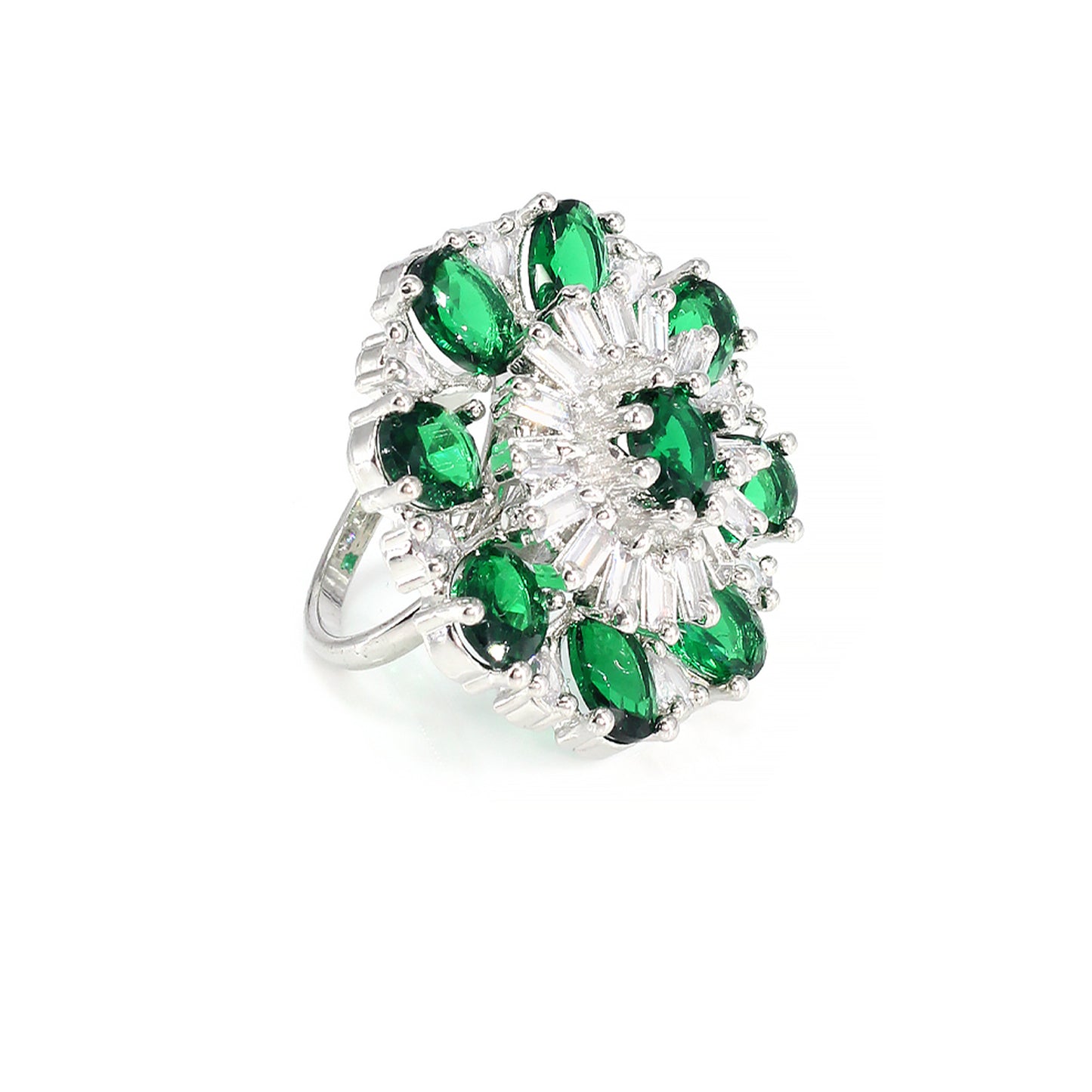 Floral Green American Diamond Adjustable Cocktail Finger Ring