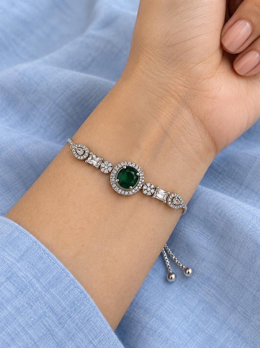 Rhodium Plated Green AD Adjustable Bracelet for Women