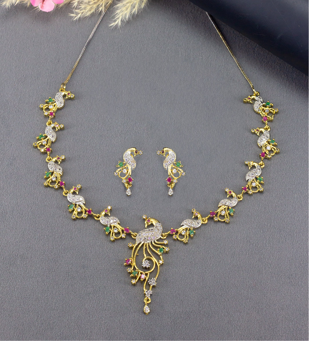 Peacock American Diamond Trendy Jewellery Set