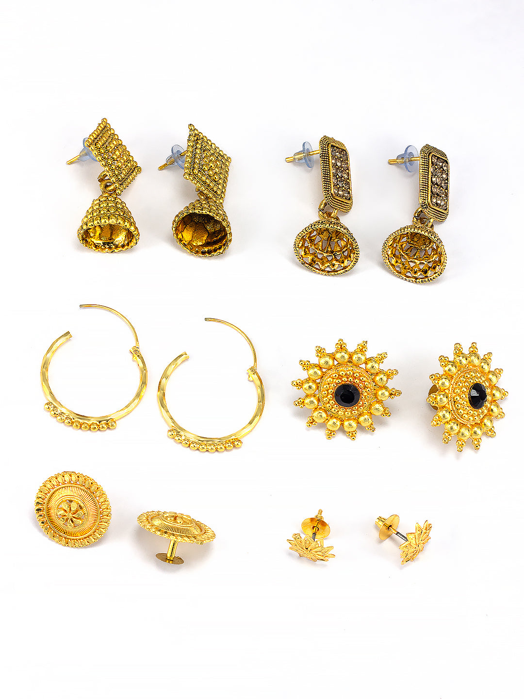 Pack of 6 Gold Plated Hoop, Jhumkas & Studs Earrings