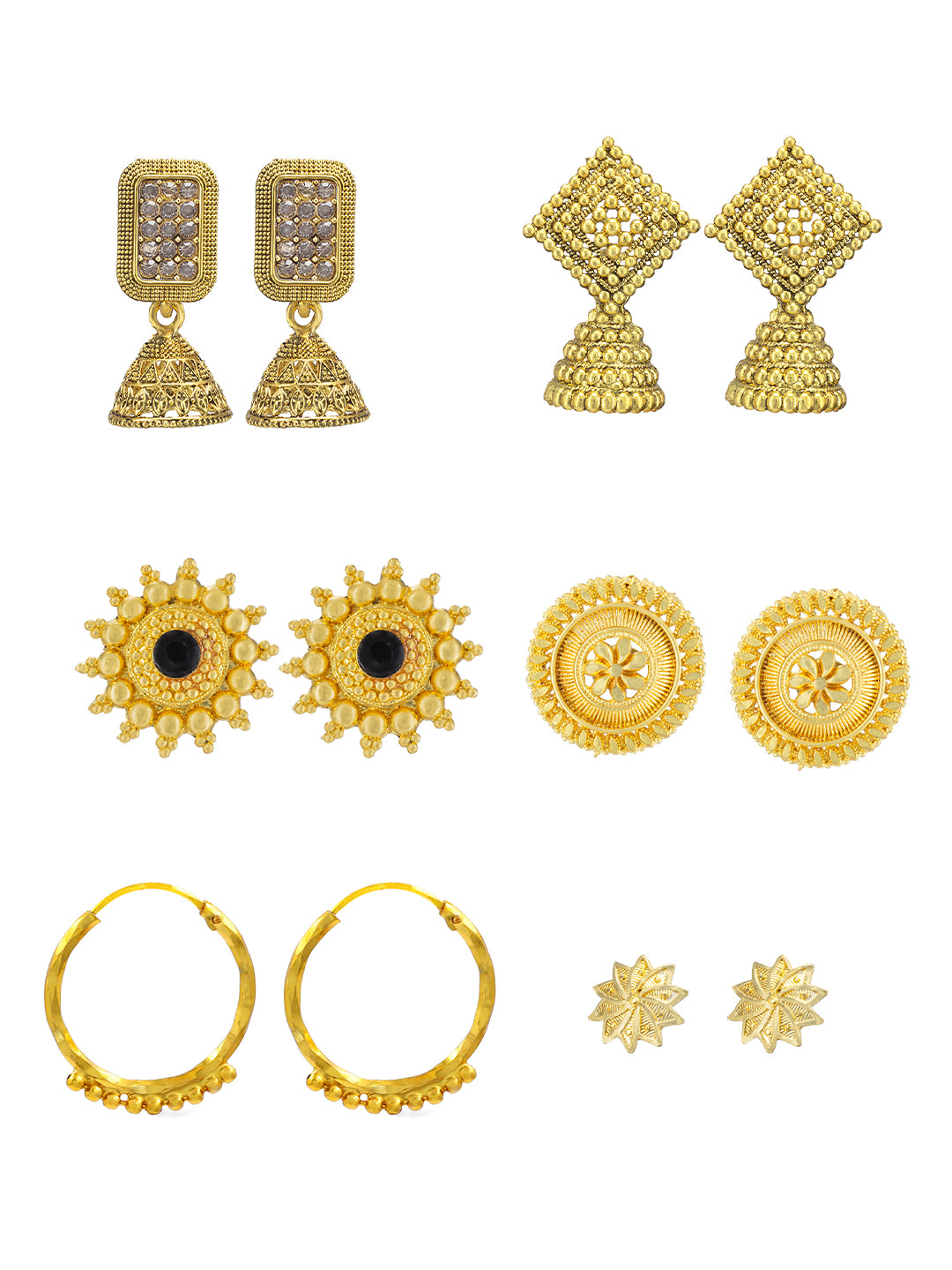 Pack of 6 Gold Plated Hoop, Jhumkas & Studs Earrings