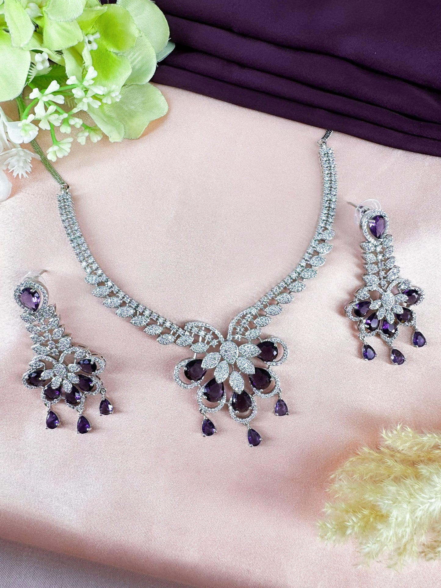 Silver Plated Purple AD Designer Floral Jewellery Set