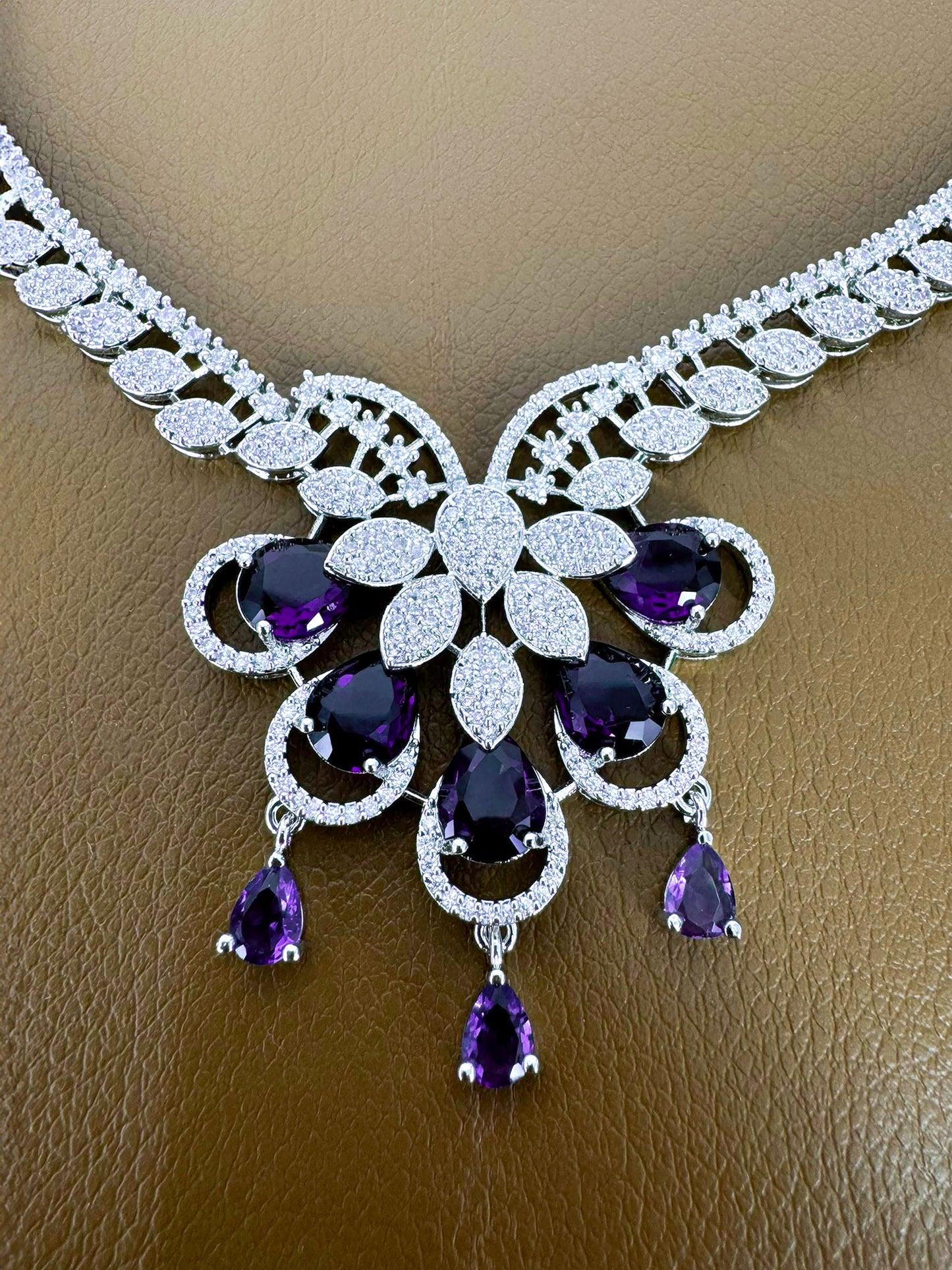Silver Plated Purple AD Designer Floral Jewellery Set