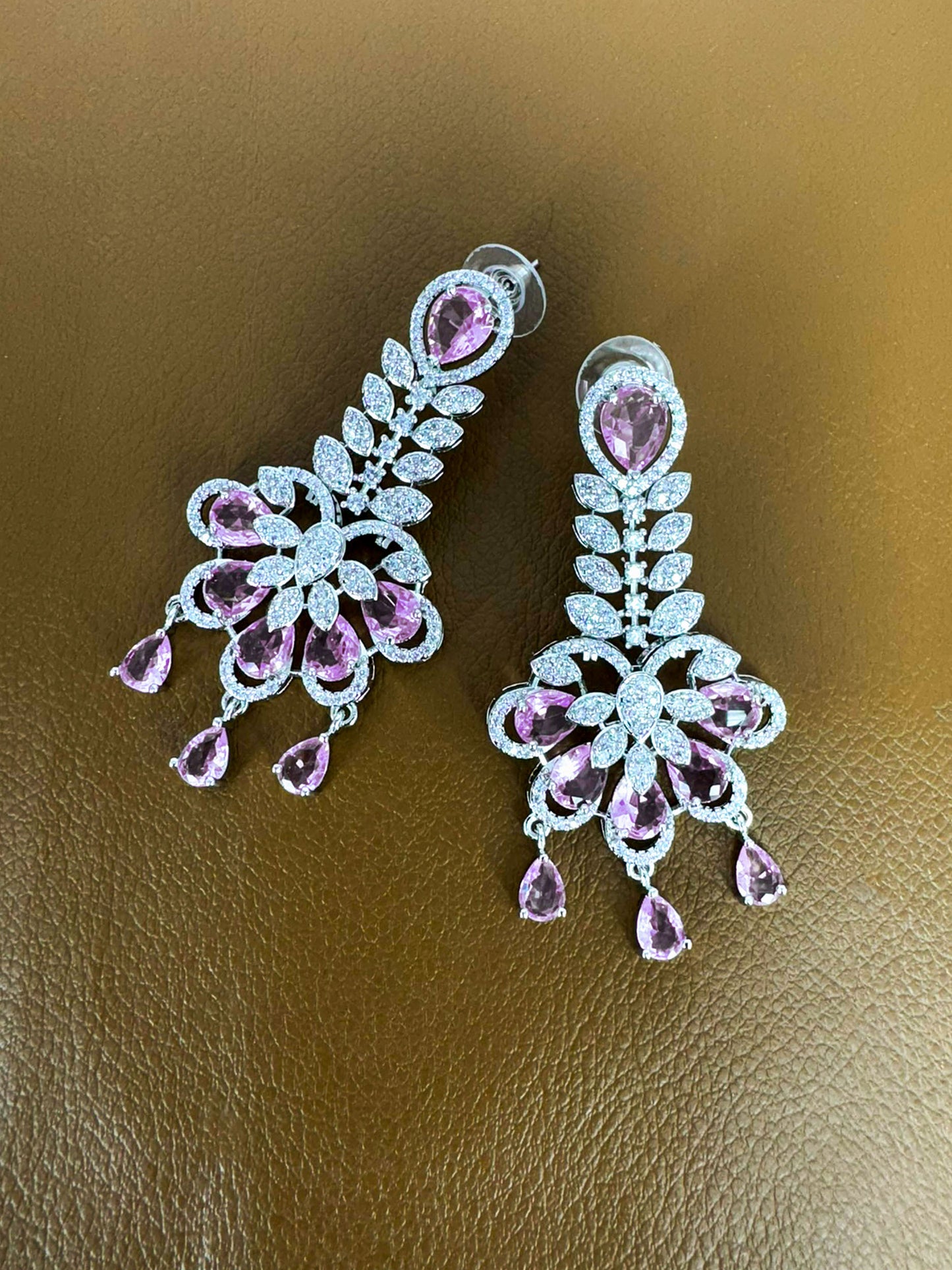 Silver Plated Pink AD Designer Floral Jewellery Set