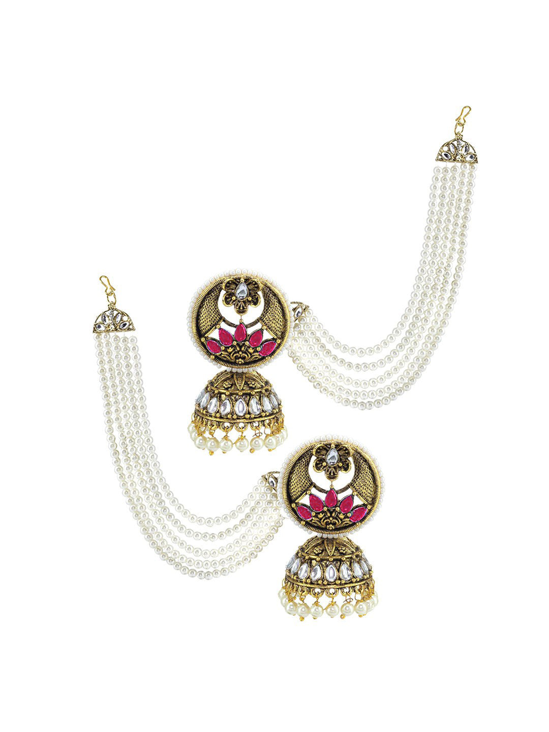 Gold Plated Kundan Studded and Beaded Traditional Jhumka with Ear Chain