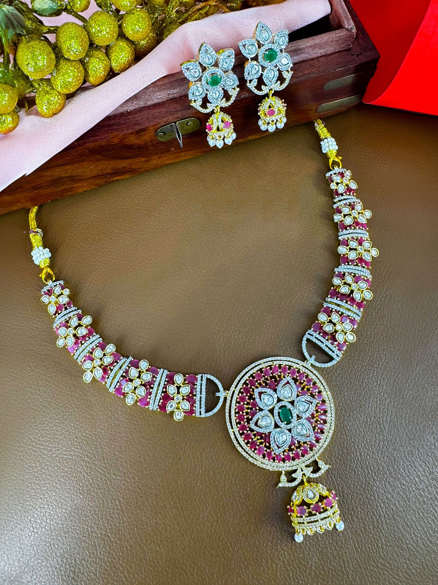 Gold Plated Ruby Pink AD Kundan Choker Jewellery Set