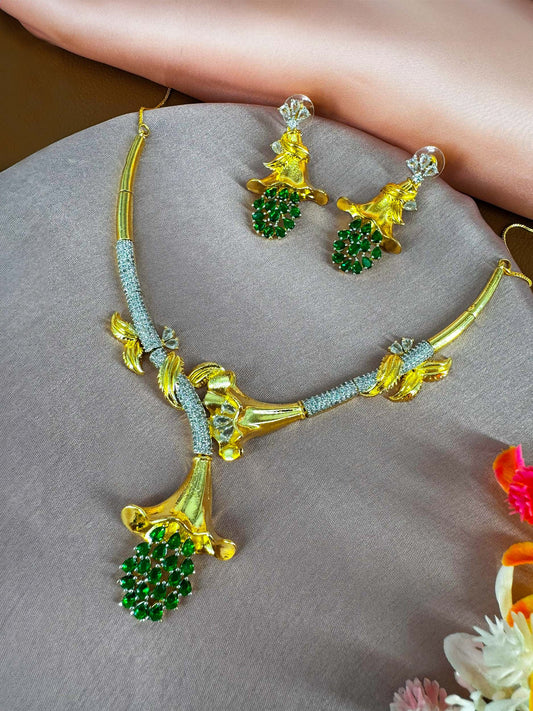 Gold Plated AD Green Floral Jewellery Set for Women