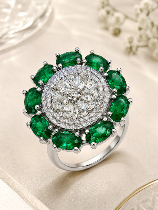 Rhodium Plated Green AD Floral Finger Ring for Women