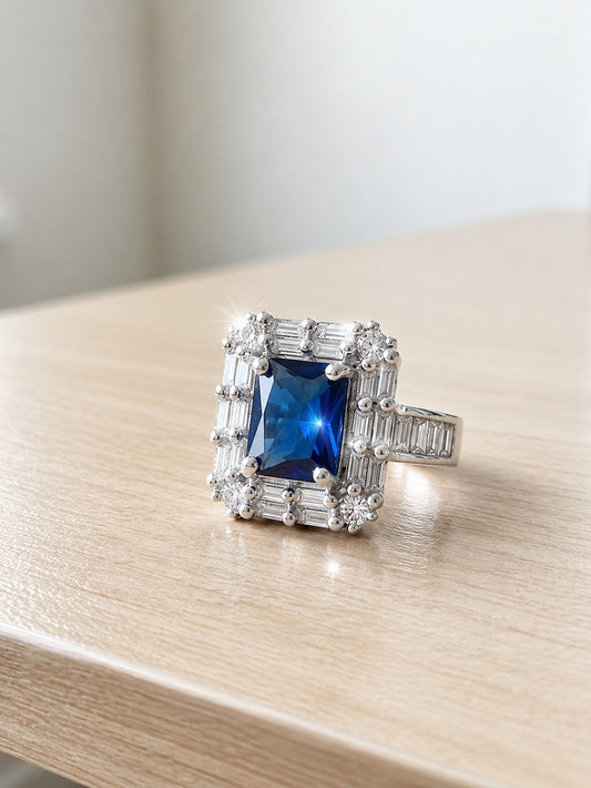 Rhodium Plated Blue AD Finger Ring for Women