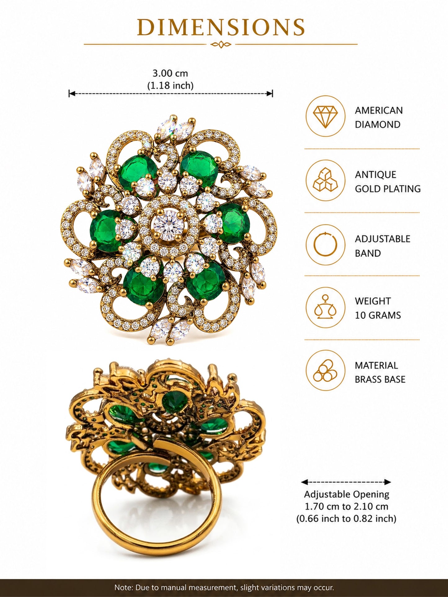 Antique Gold Plated Green AD Finger Ring for Women