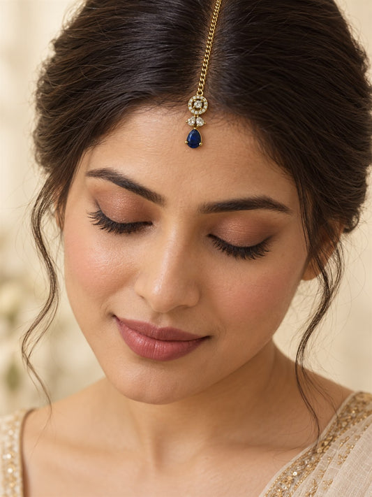 South Indian Gold Plated Blue AD Maang Tikka for Women