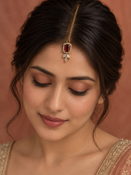 South Indian Gold Plated Red AD Maang Tikka for Women