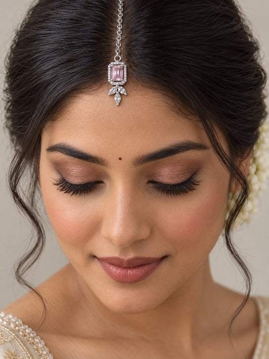 Silver Plated Pink AD Maang Tikka for Women