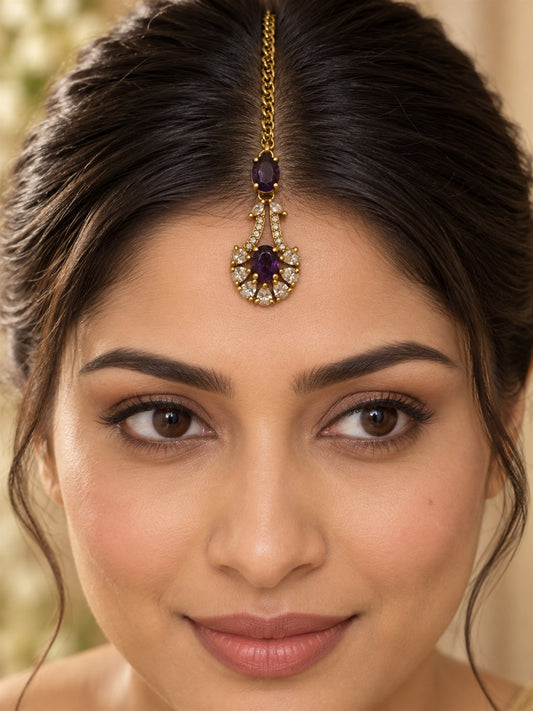 South Indian Gold Plated Purple AD Maang Tikka for Women