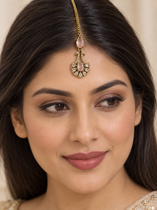 South Indian Gold Plated Pink AD Maang Tikka for Women