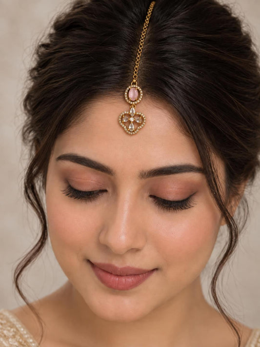 South Indian Gold Plated Pink AD Maang Tikka for Women