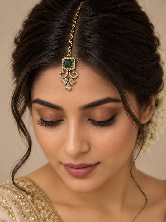 Antique Gold Plated Green Maang Tikka for Women