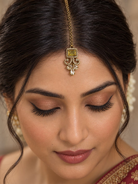 Antique Gold Plated Yellow Maang Tikka for Women